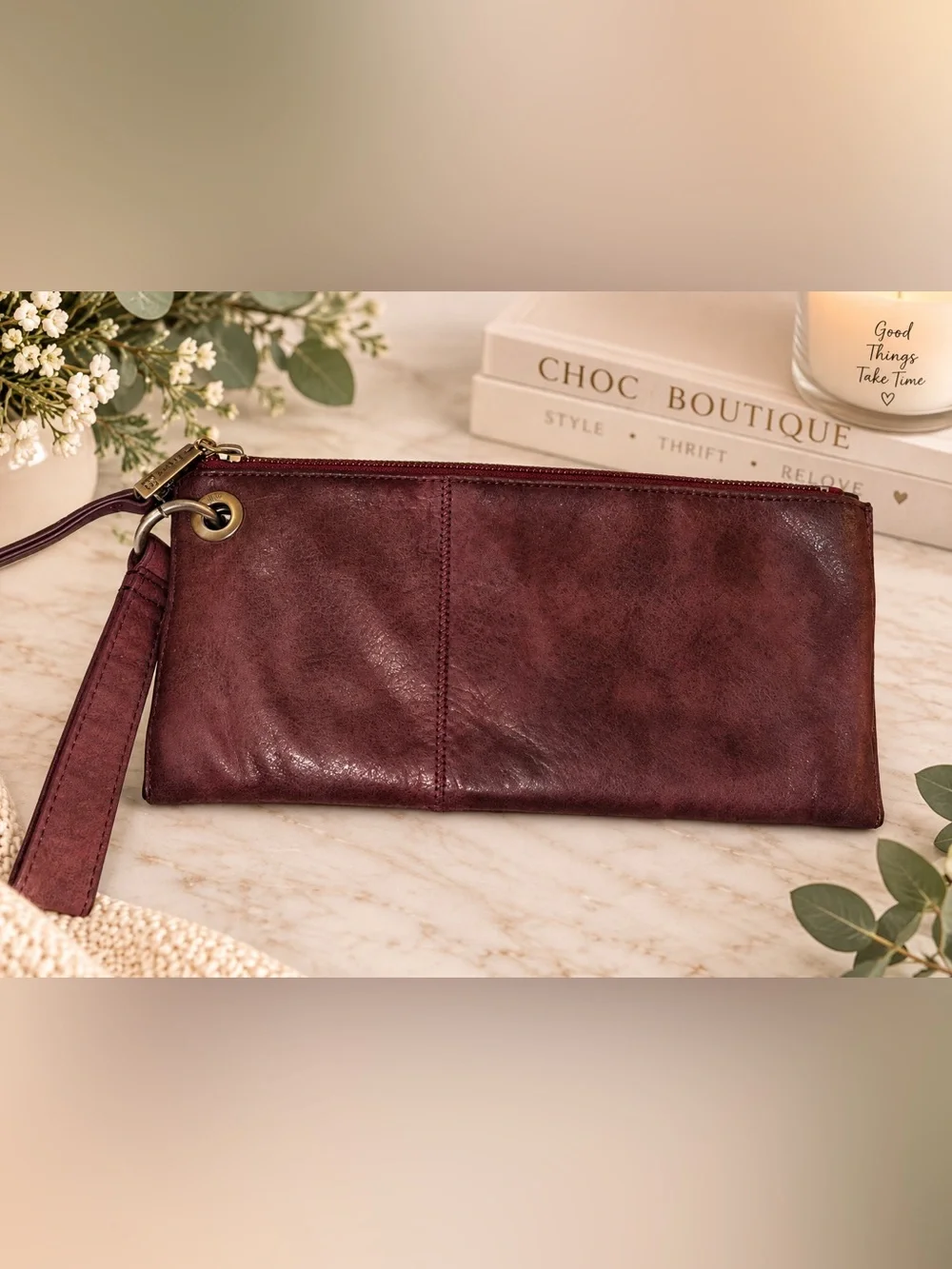 HOBO International Burgundy Leather Wristlet Clutch Zip Pouch